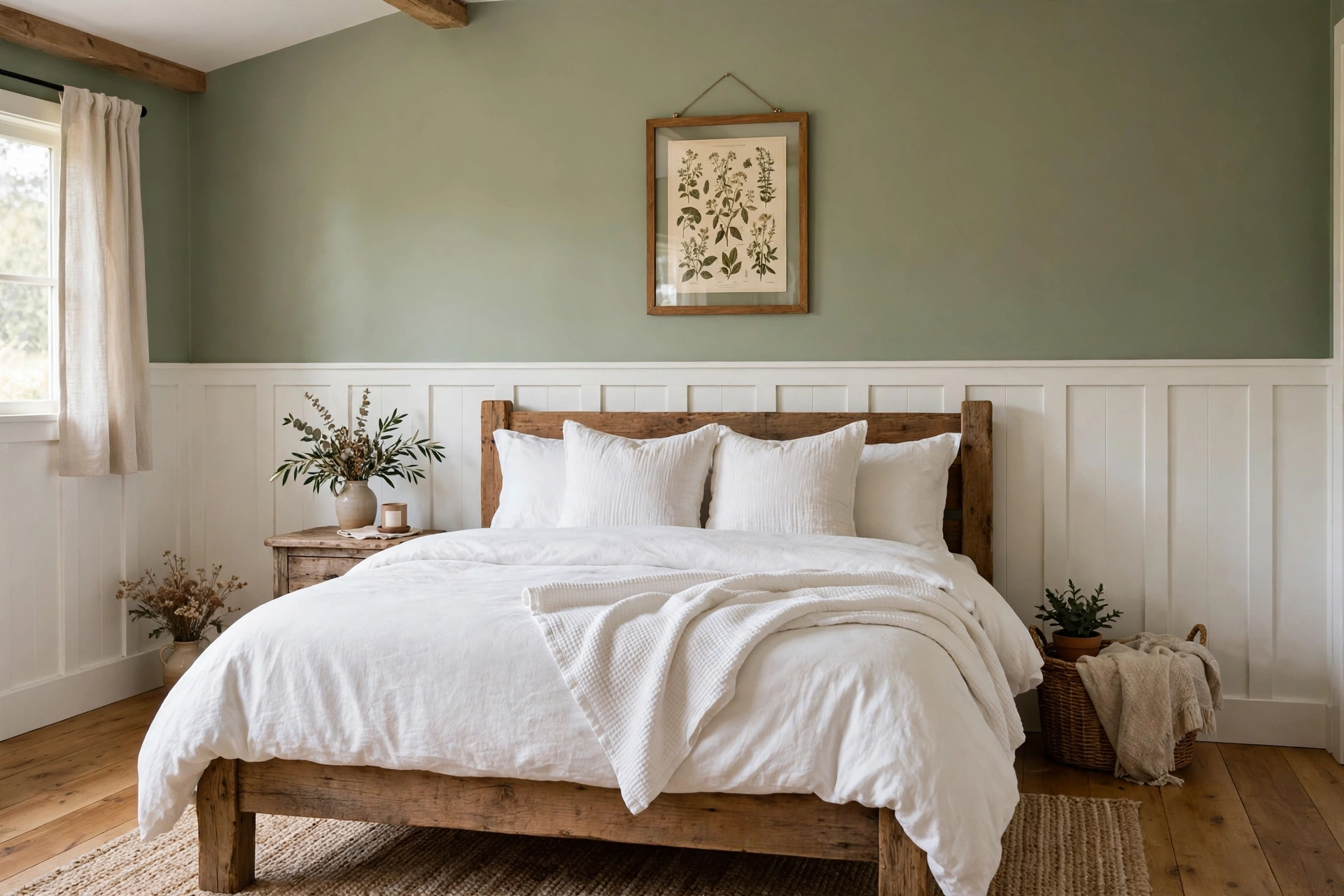 White board and batten wainscoting with sage green upper wall in a farmhouse bedroom