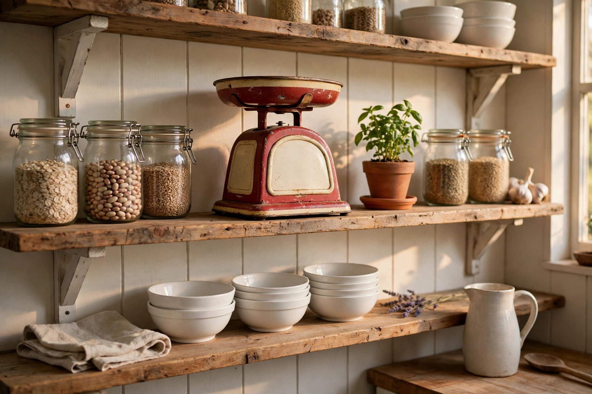 Vintage red kitchen scale styled on open farmhouse shelves