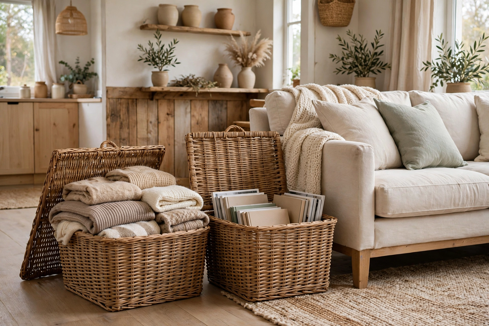 Lidded wicker baskets as hidden storage beside a farmhouse sofa