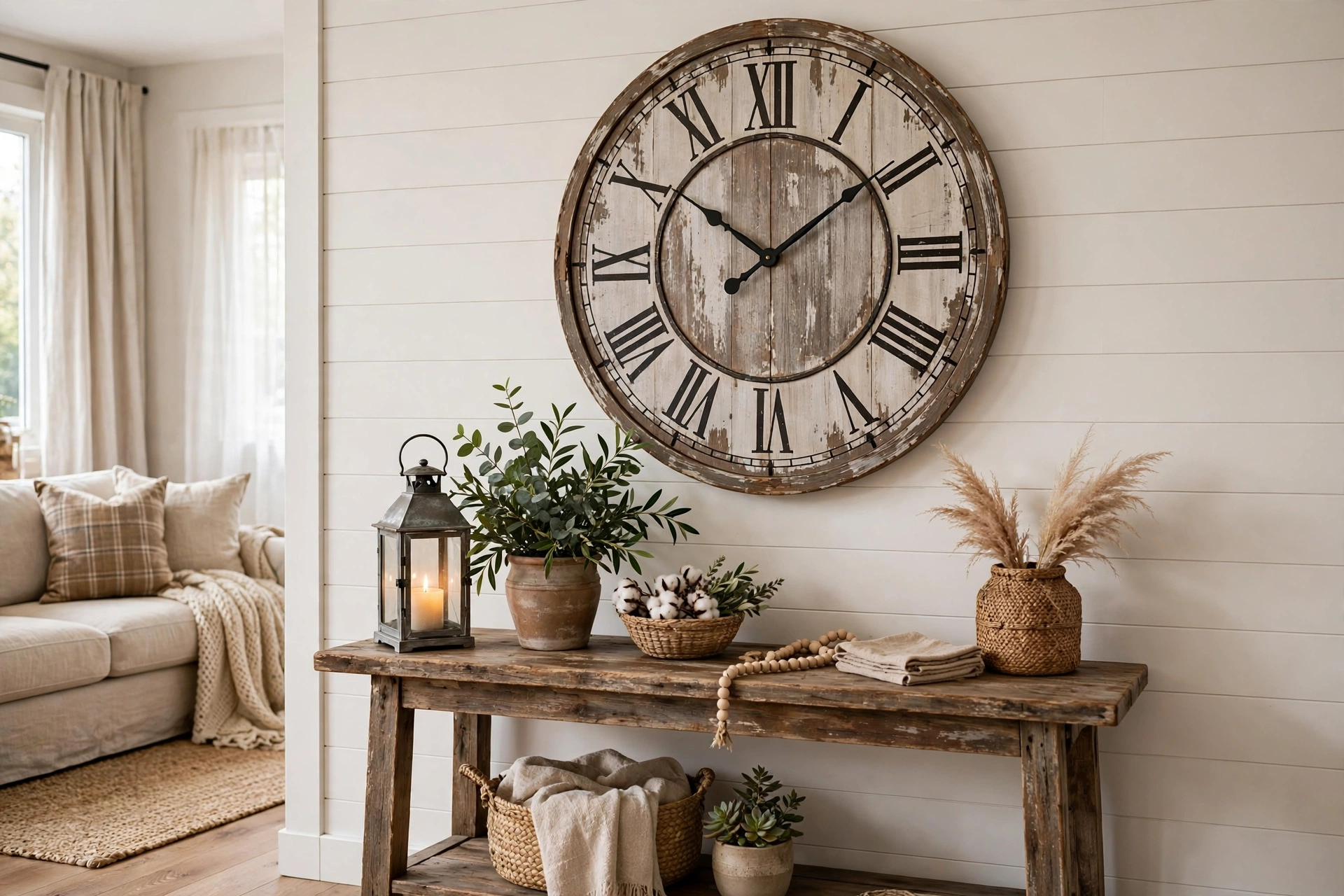 Oversized farmhouse wall clock with distressed wood frame on shiplap