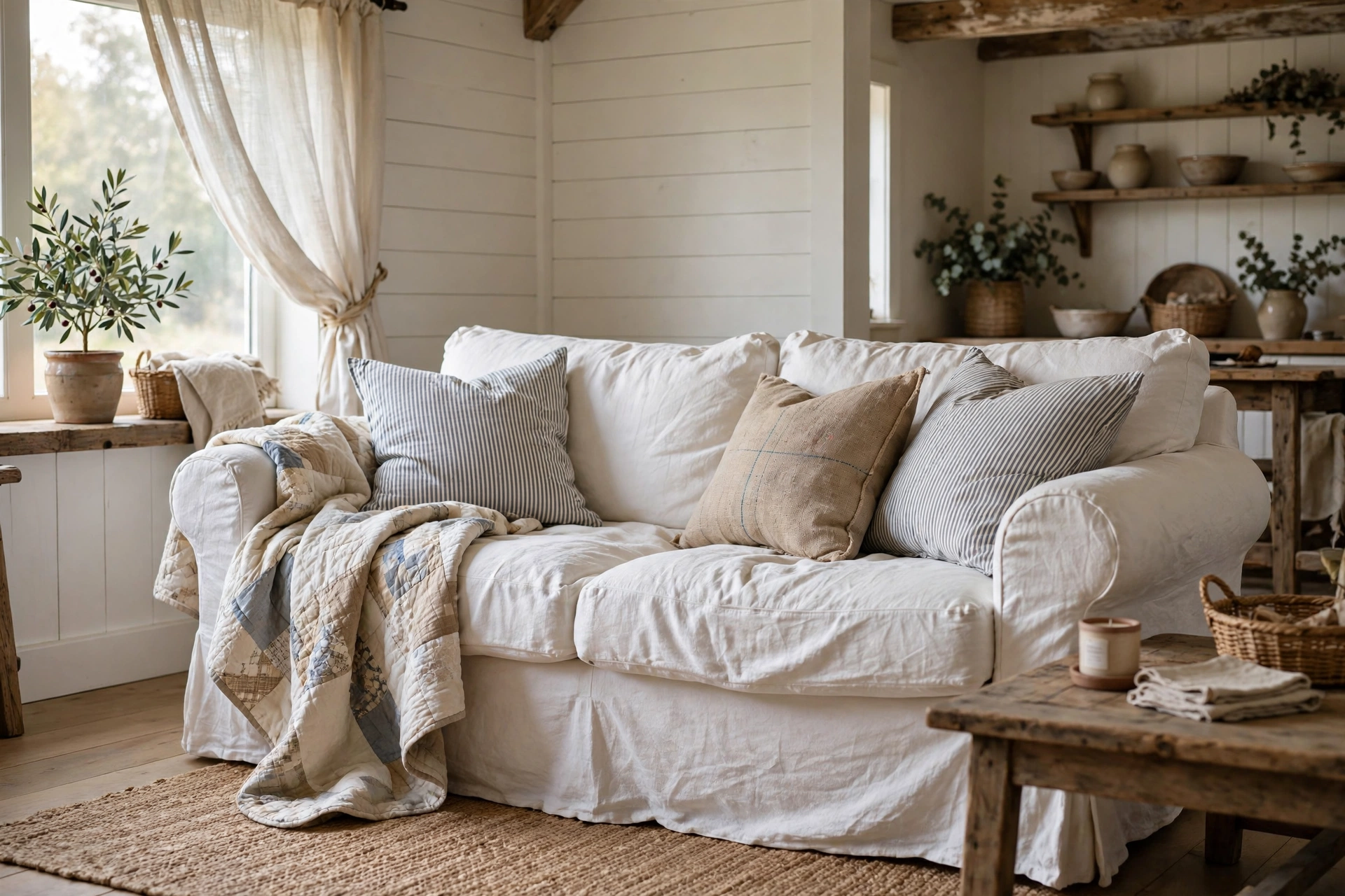 White linen slipcovered sofa with ticking stripe pillows in a farmhouse studio