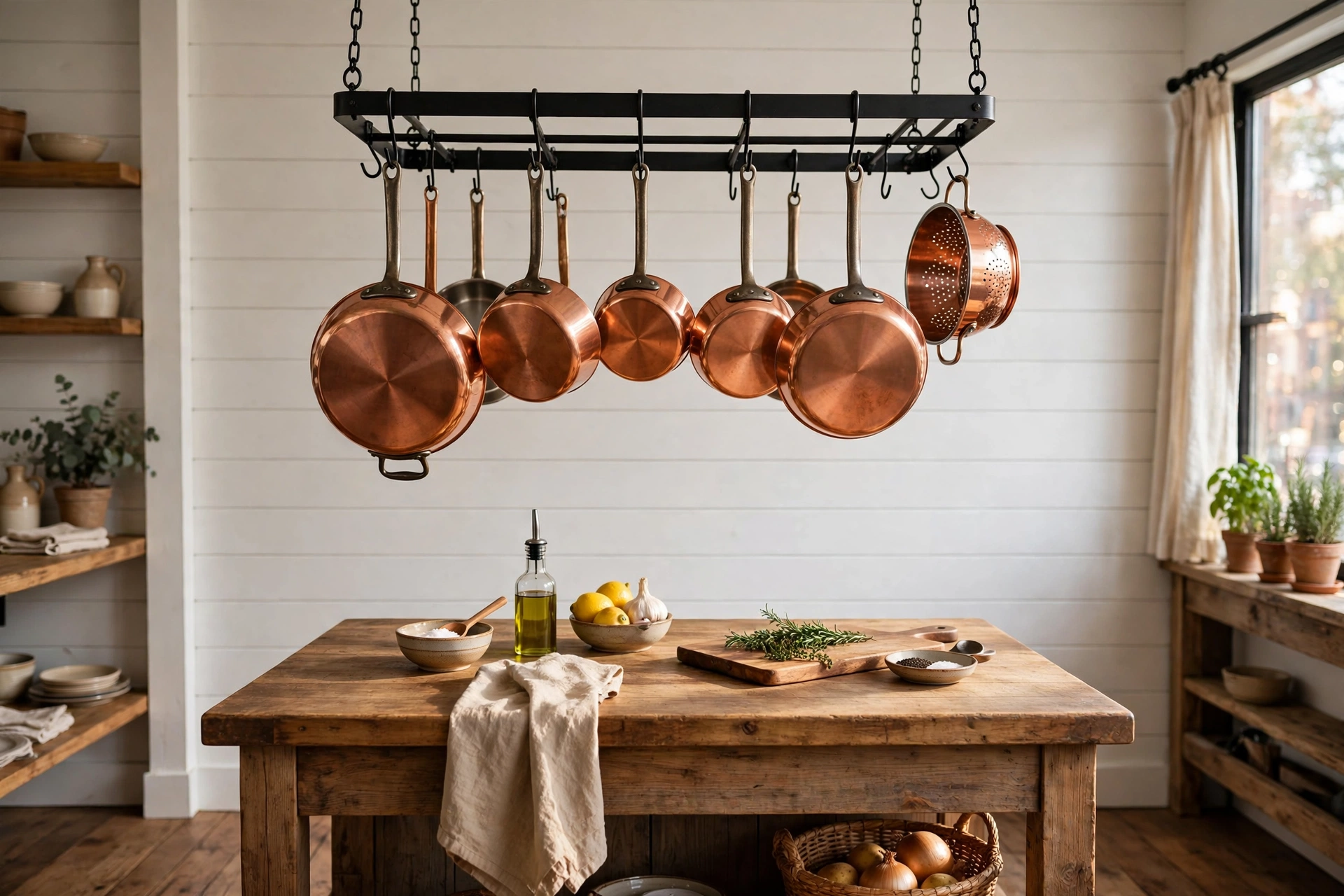 Copper pots hanging from a black metal rack in a farmhouse kitchen