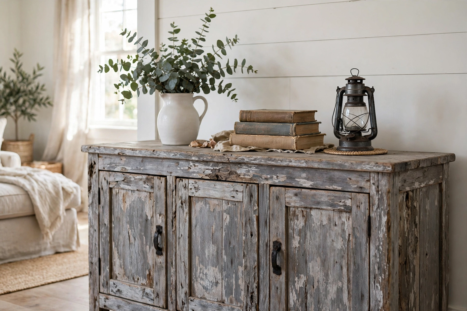Weathered gray wood sideboard styled with eucalyptus in a farmhouse studio
