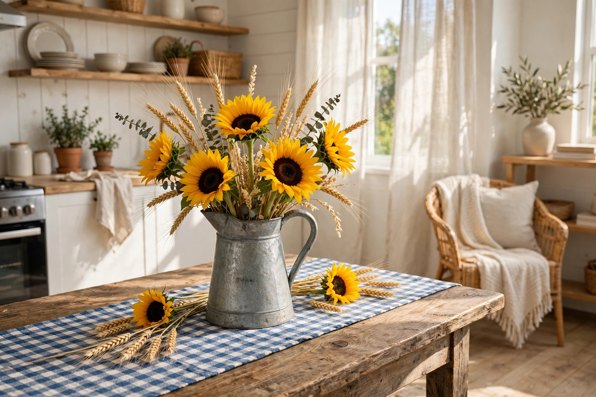 Sunflower centerpiece in a galvanized pitcher on a farmhouse table