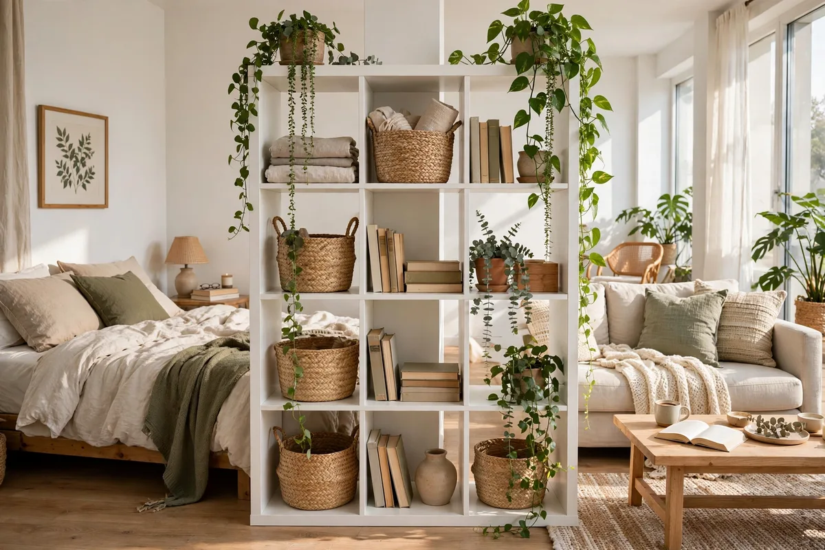 White cube bookshelf styled as room divider in studio apartment
