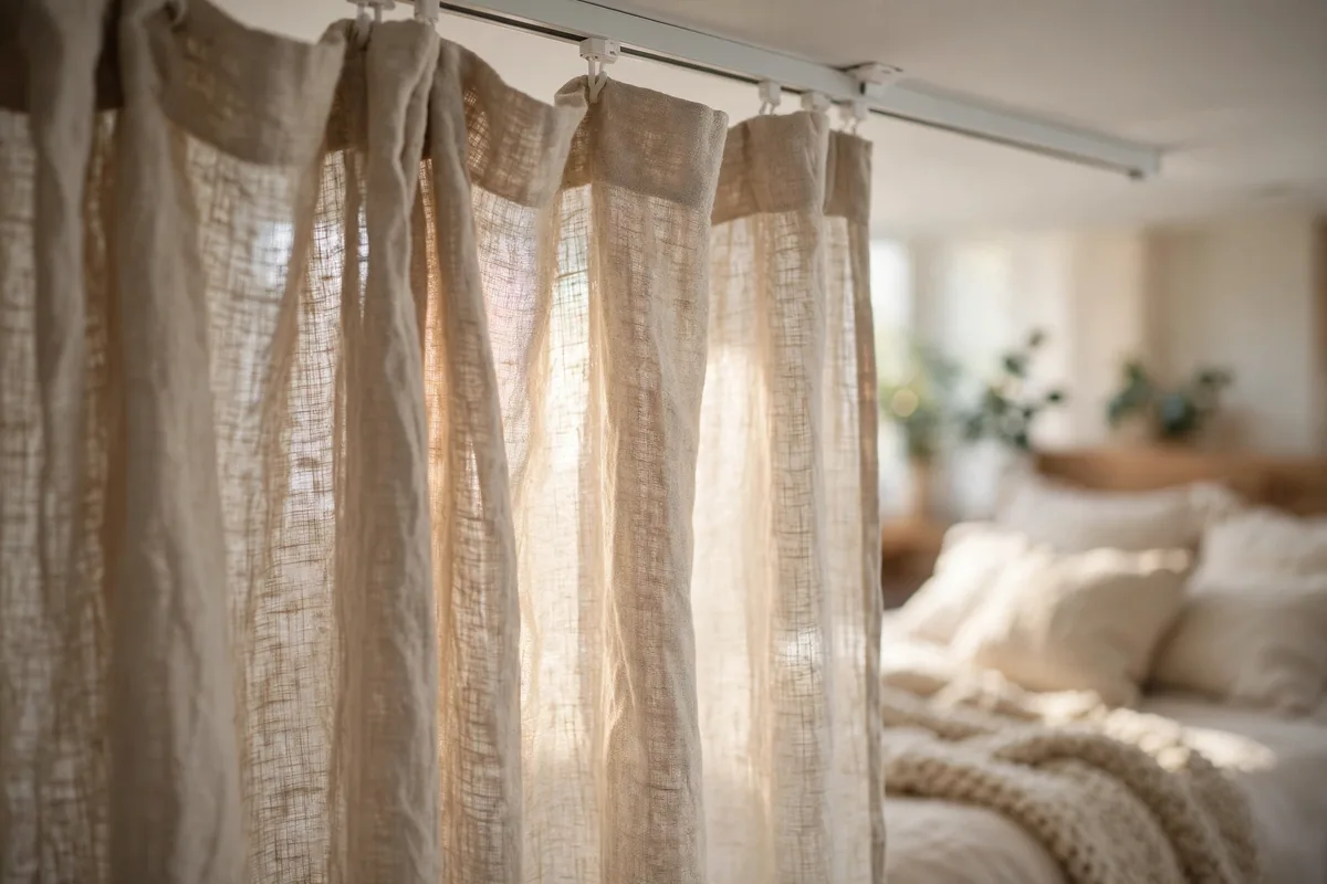 Linen curtains on ceiling track dividing a studio apartment bedroom nook