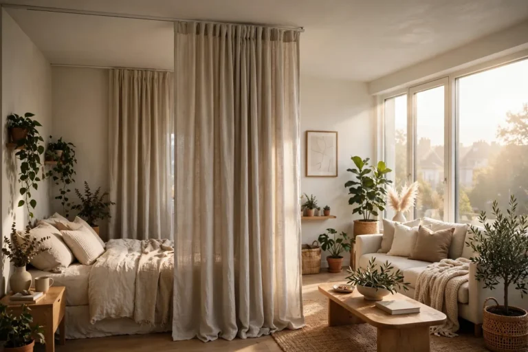 Studio apartment divider ideas - linen curtain dividing bedroom nook