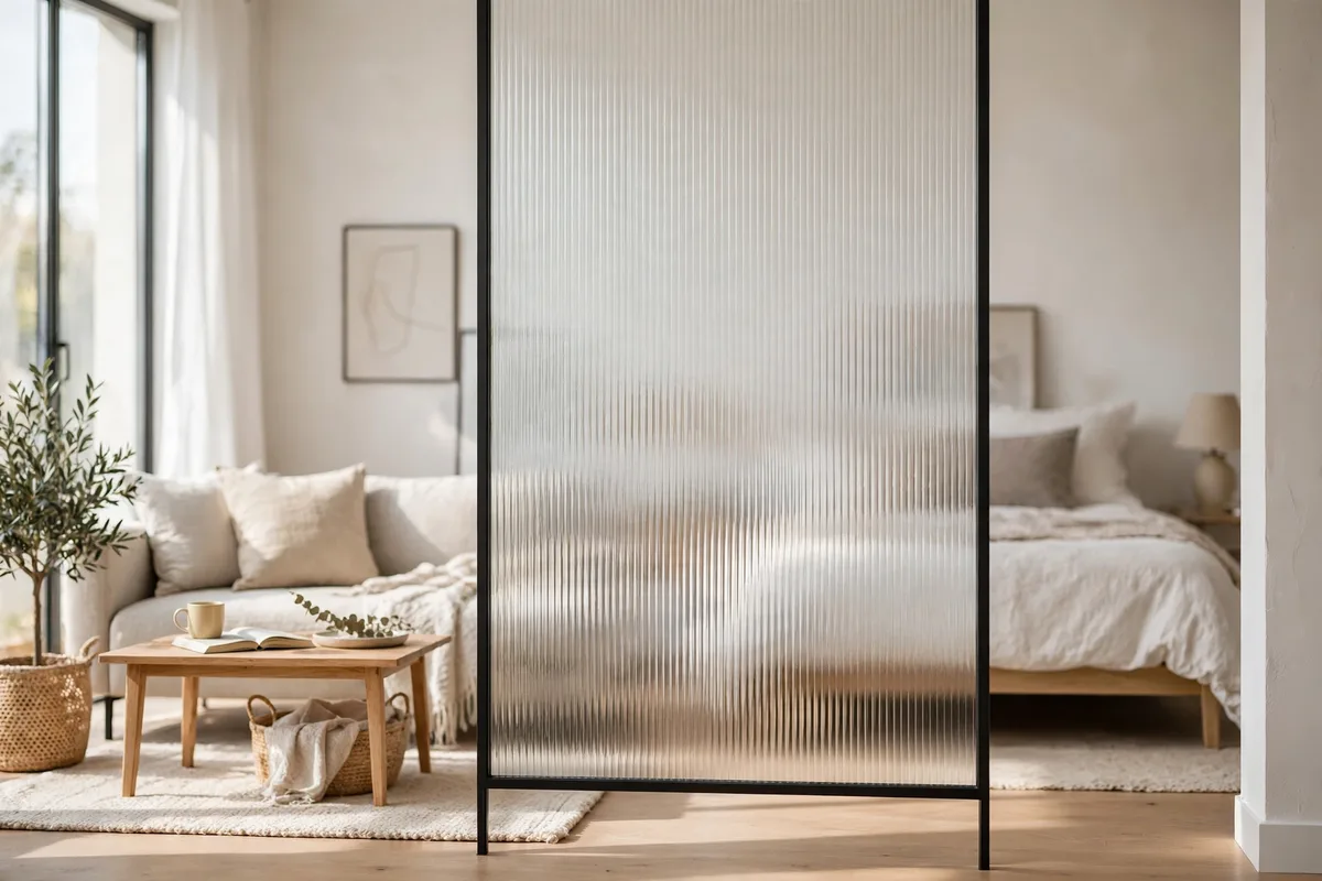 Frosted glass room divider panel in bright modern studio apartment