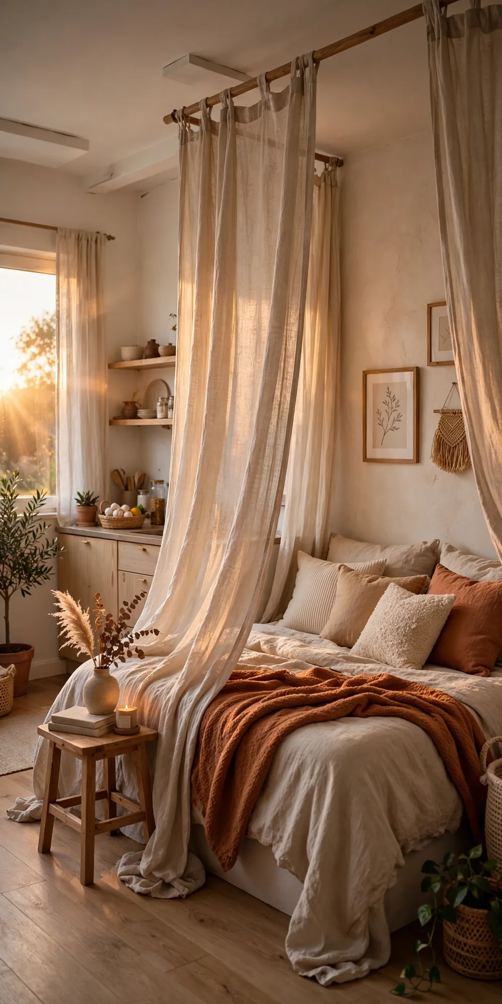 Studio apartment divider ideas Pinterest pin - linen curtain divider