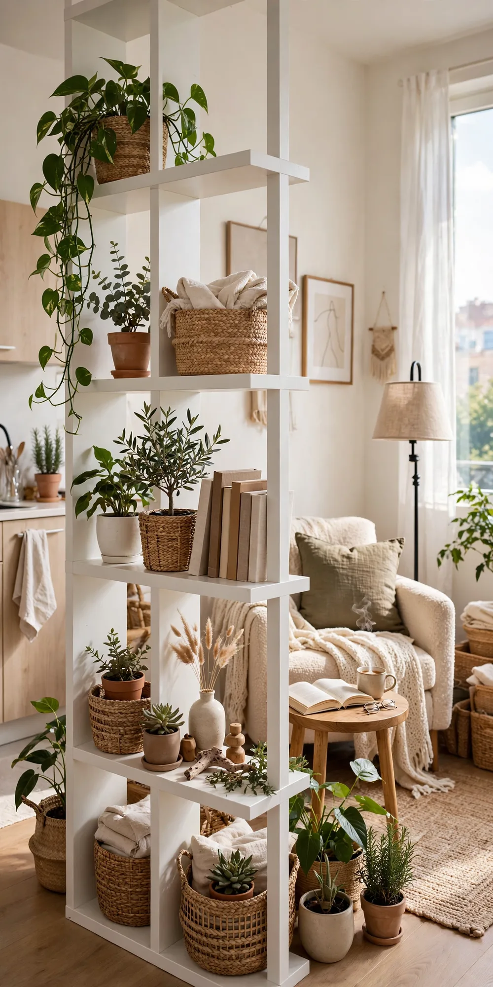 Studio apartment divider ideas Pinterest pin - bookshelf divider