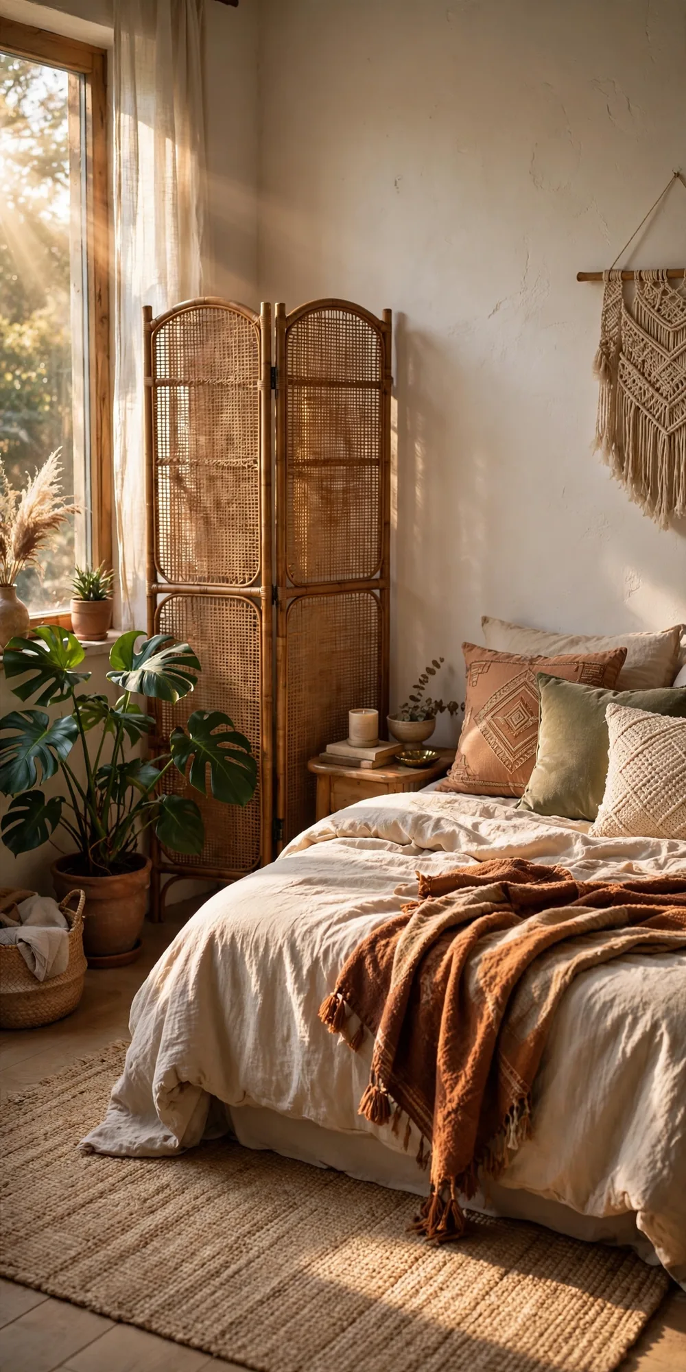 Studio apartment divider ideas Pinterest pin - rattan screen divider