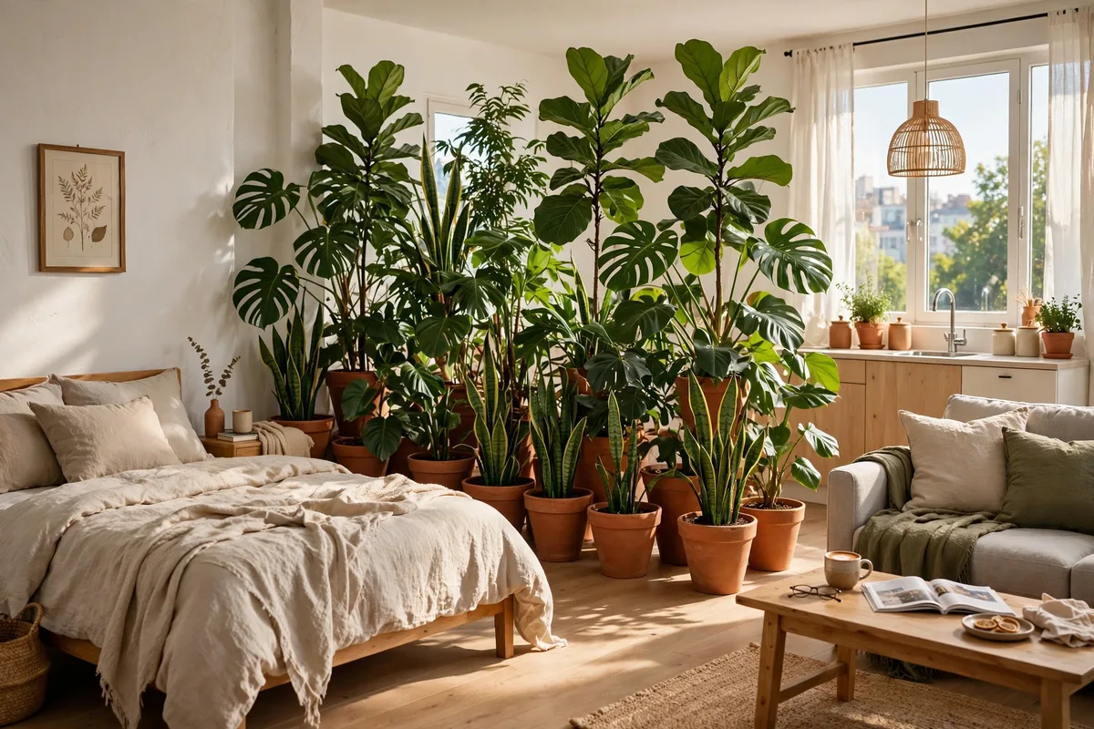Tall indoor plants forming a living green wall divider in studio apartment