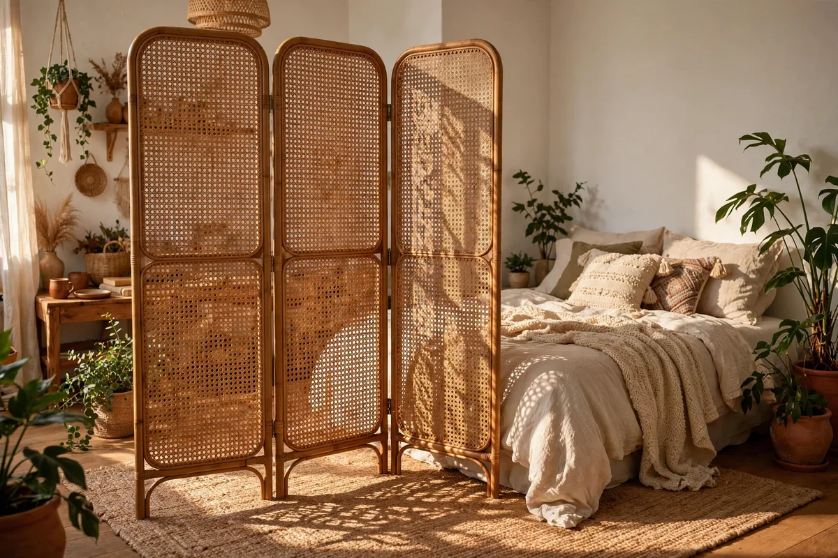 Rattan folding screen dividing a bed corner in boho studio apartment