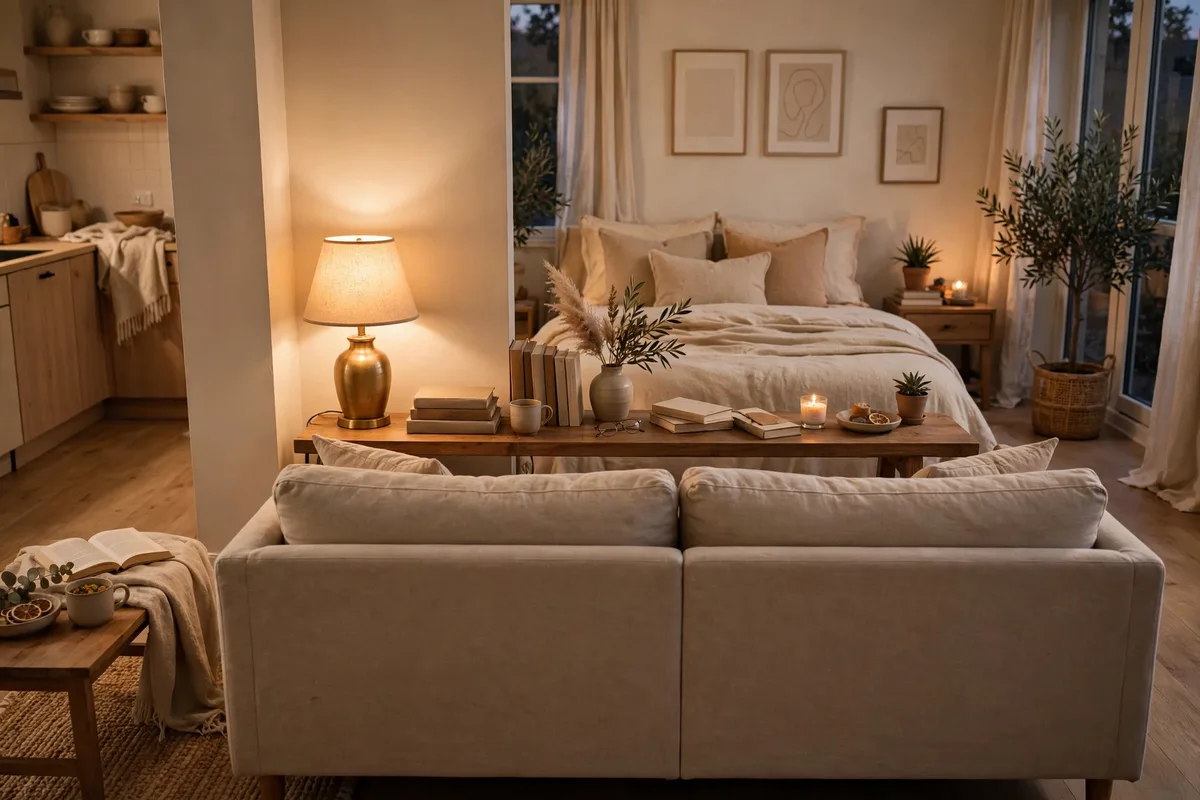 Sofa placed back to bed as natural room divider in studio apartment