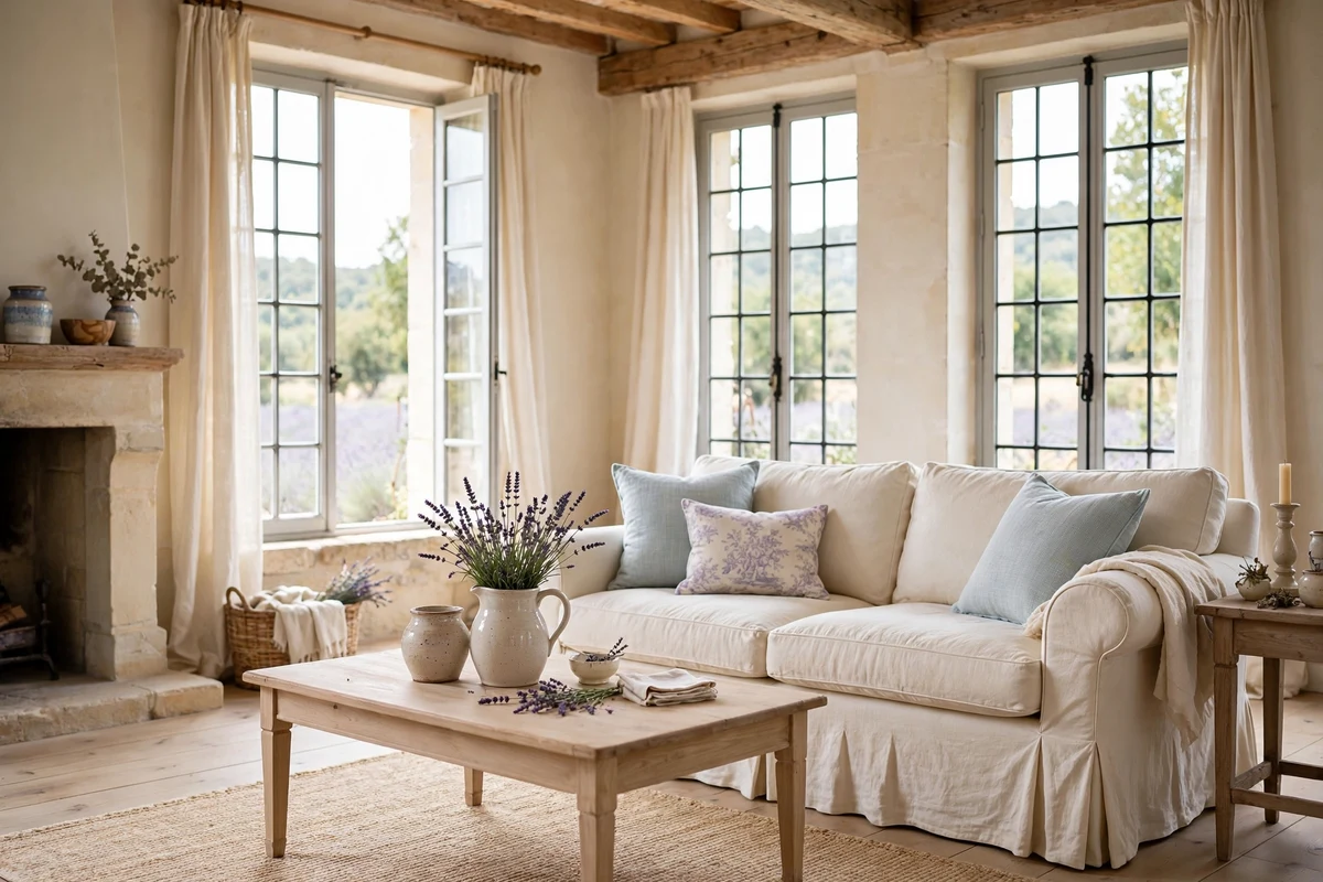 Cream linen slipcovered sofa in a French country living room