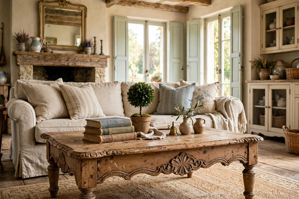Distressed oak coffee table in a French country living room