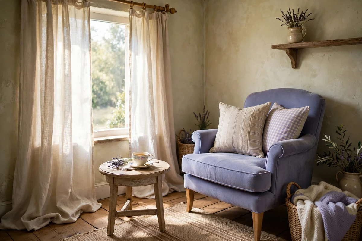 Lavender blue accent chair in a French country living room corner