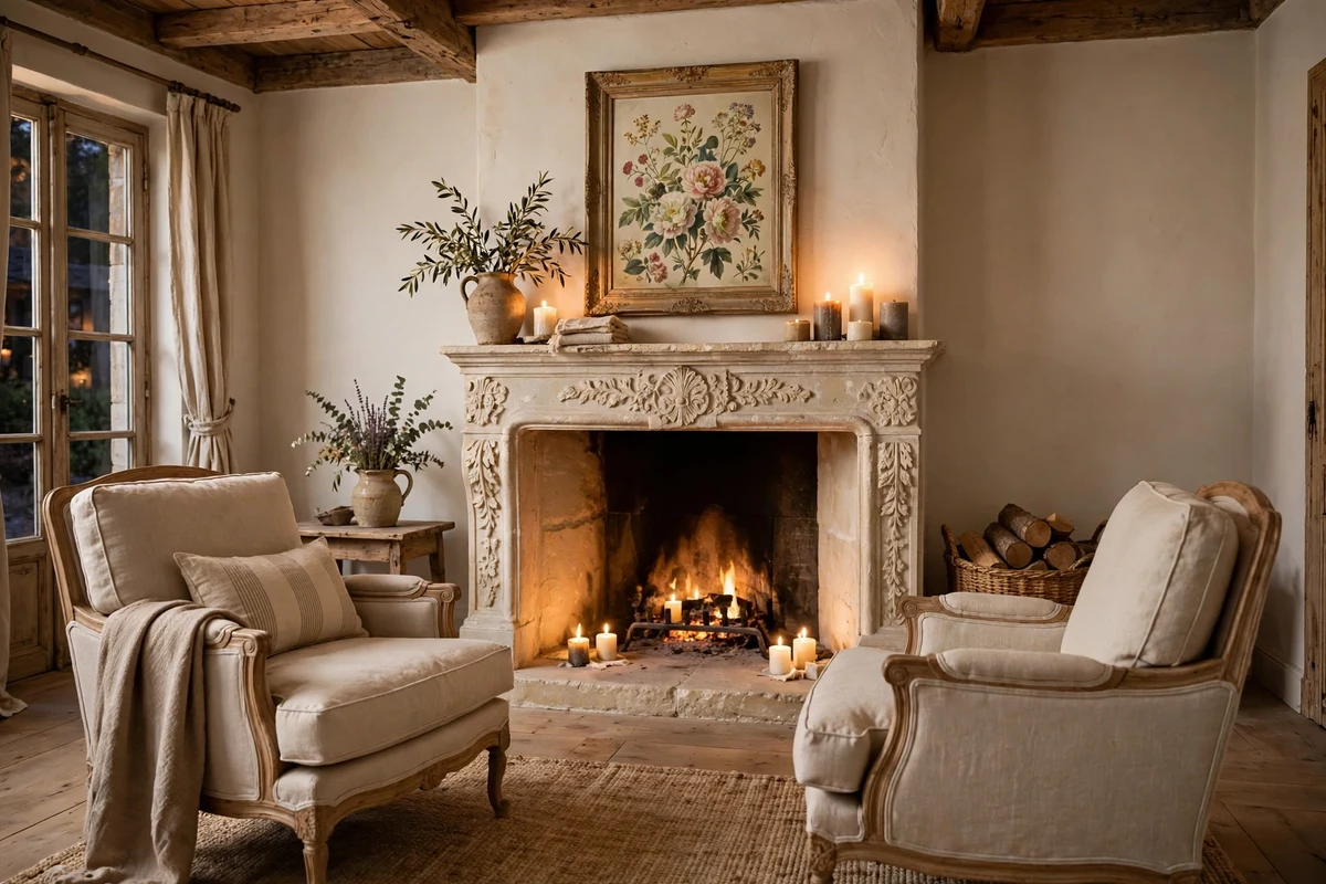 Limestone fireplace mantel in a French country living room