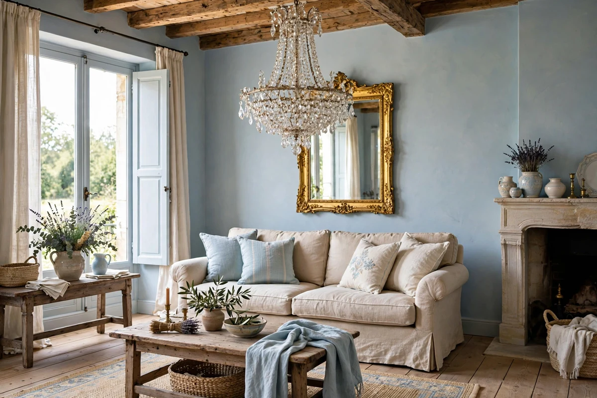 Crystal chandelier in an elegant French country living room