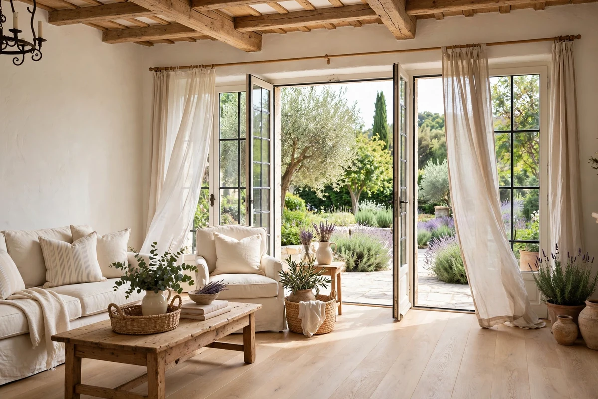 French doors with sheer linen curtains in a bright living room