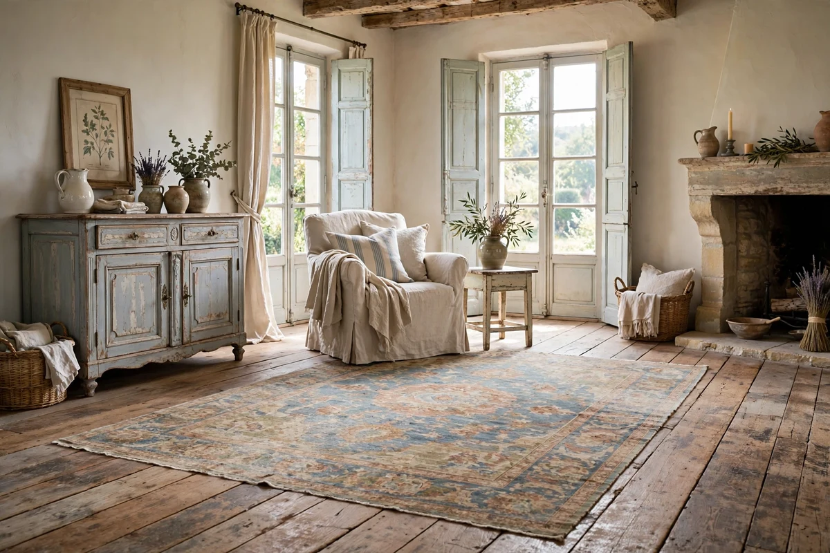 Wide plank aged oak floors in a French country living room