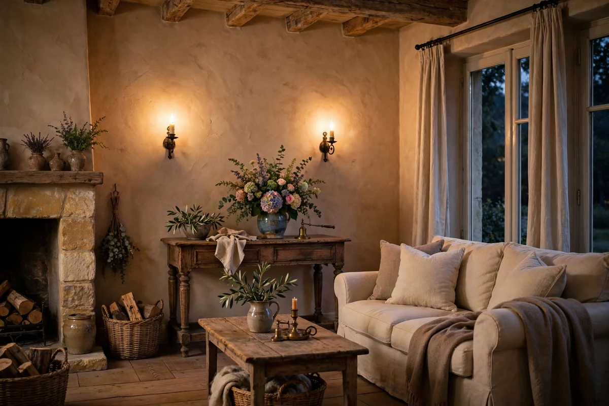 Plaster walls with glowing candle sconces in a French country living room