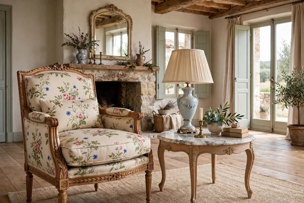 Louis XVI style armchair with carved wood frame in a French living room