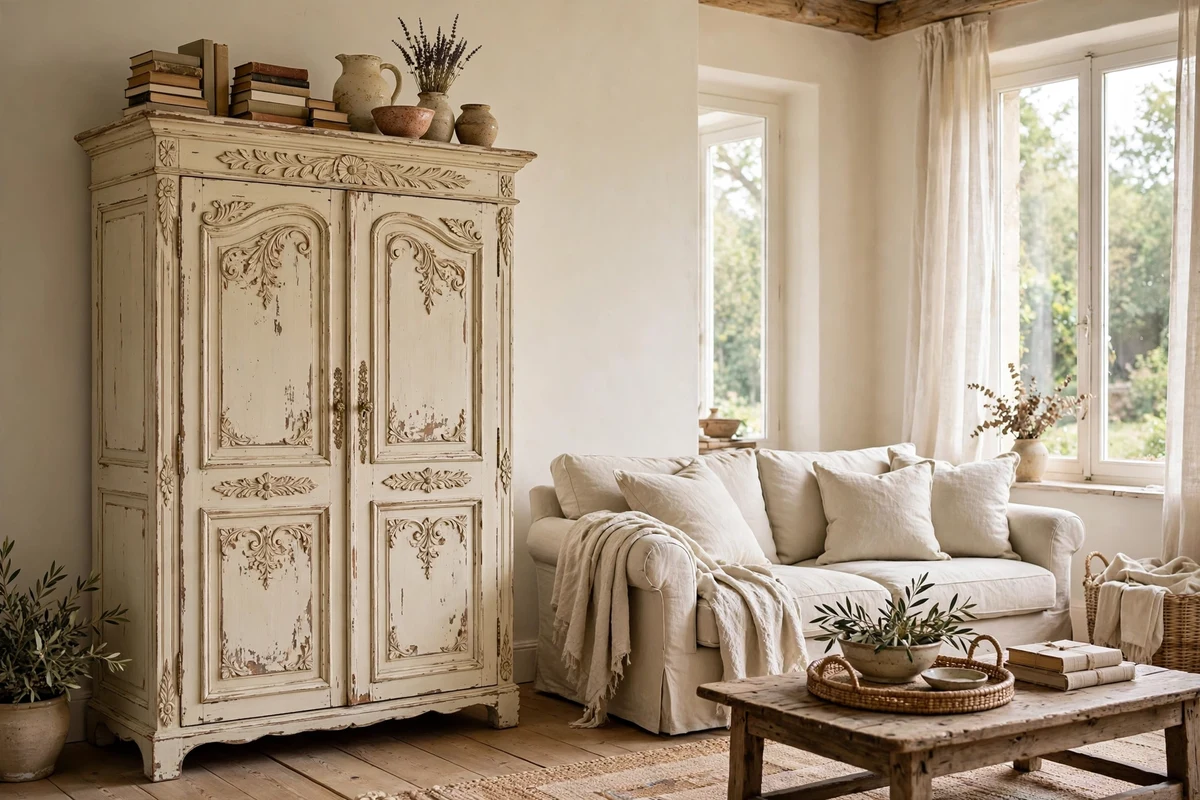 Distressed cream painted armoire in a French country living room