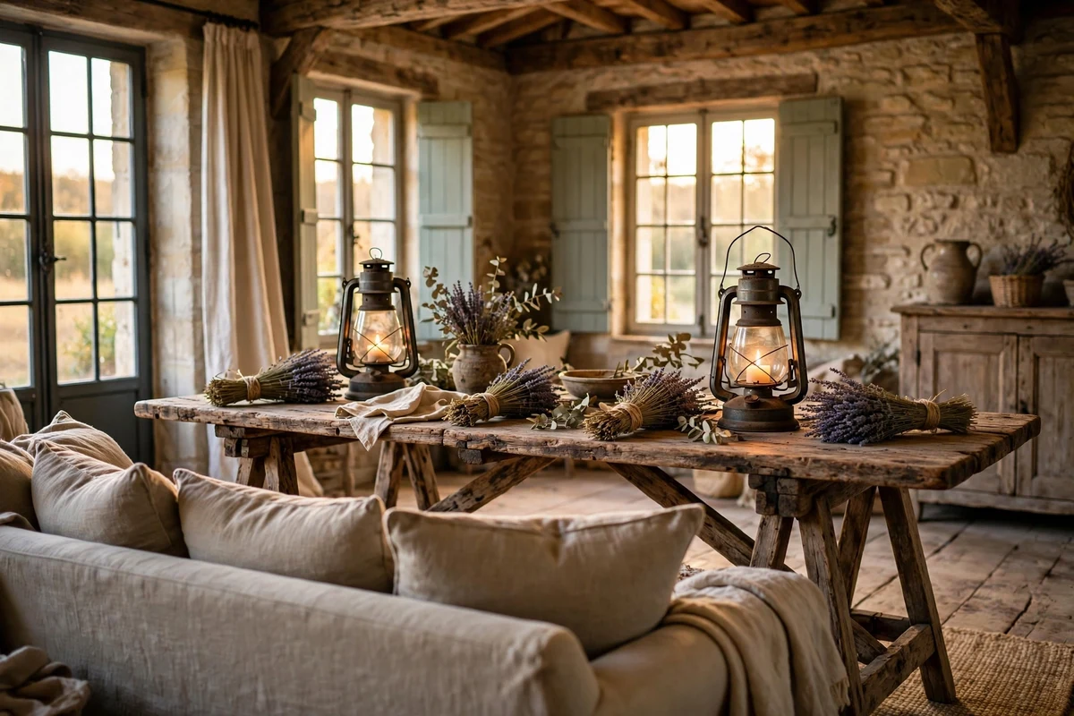 Rustic farmhouse trestle table behind a sofa in a French living room