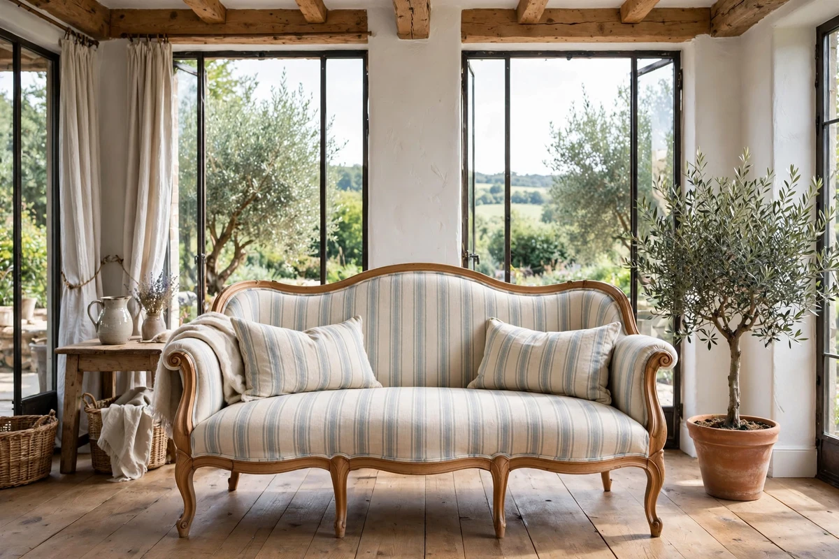 Curved French settee with cabriole legs before tall windows