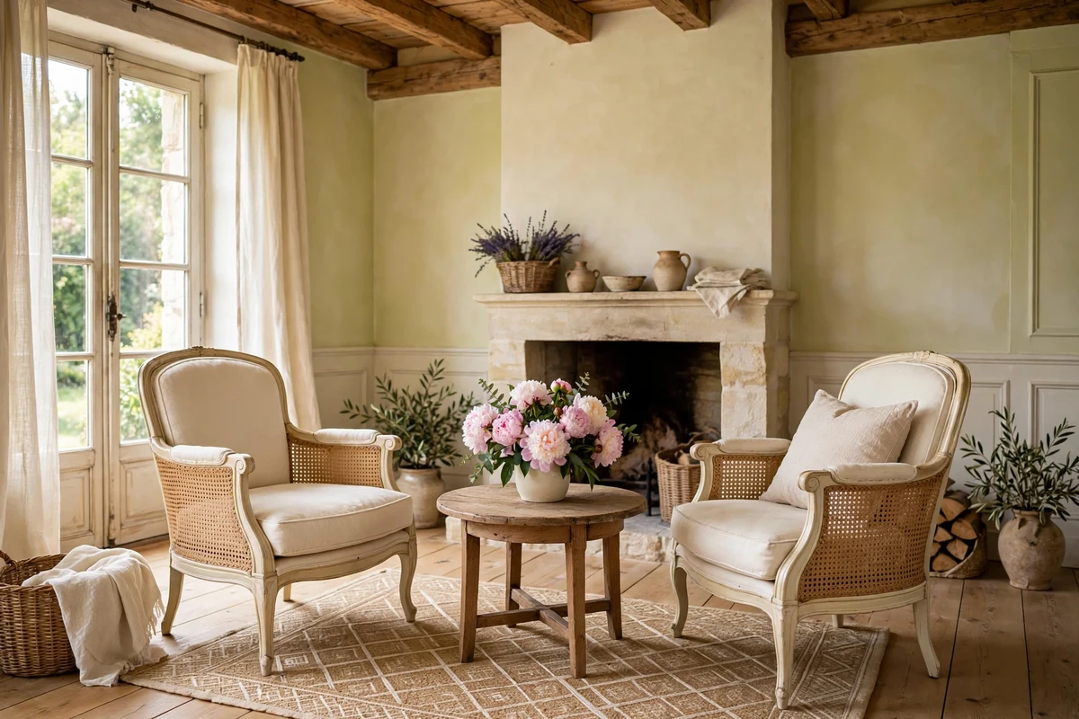 Pair of bergere chairs with cane sides in a French country living room