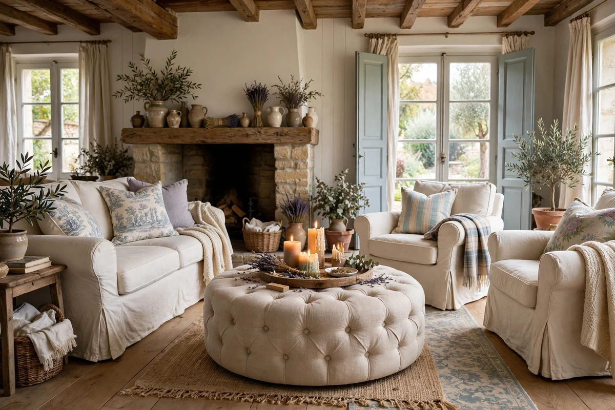 Round tufted linen ottoman used as coffee table in a French living room