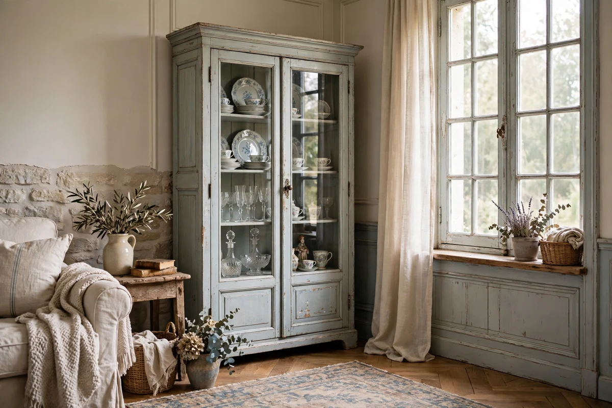 Glass front vitrine cabinet with antique china in a French living room