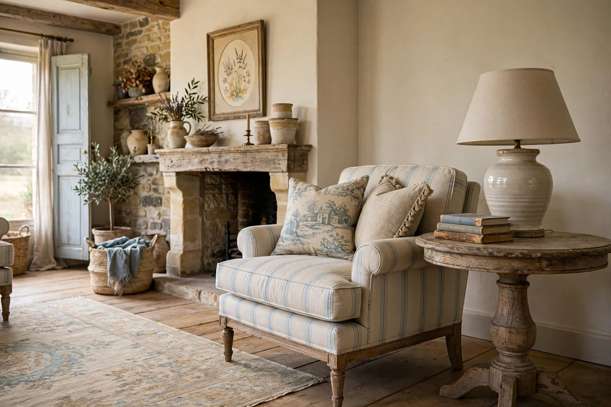 Round weathered oak pedestal side table beside an armchair