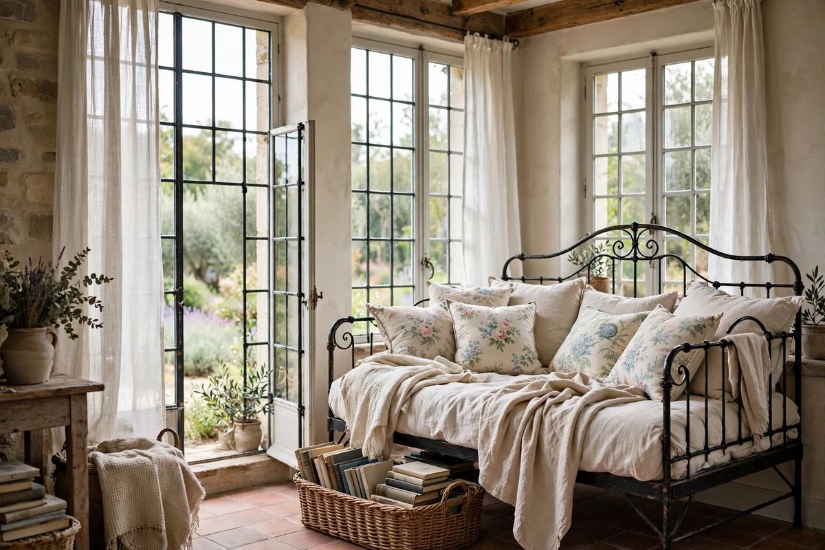 Wrought iron daybed with floral cushions in a French reading nook