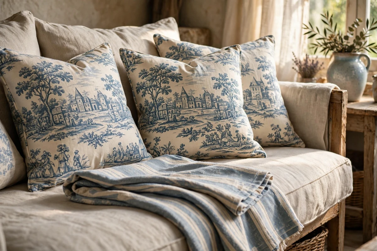 Toile de Jouy print pillows on a linen sofa in a French living room
