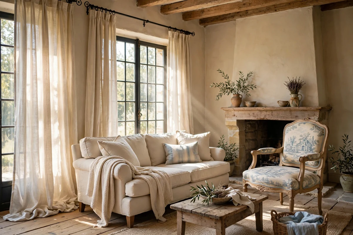 Floor length washed linen curtains puddling in a French living room