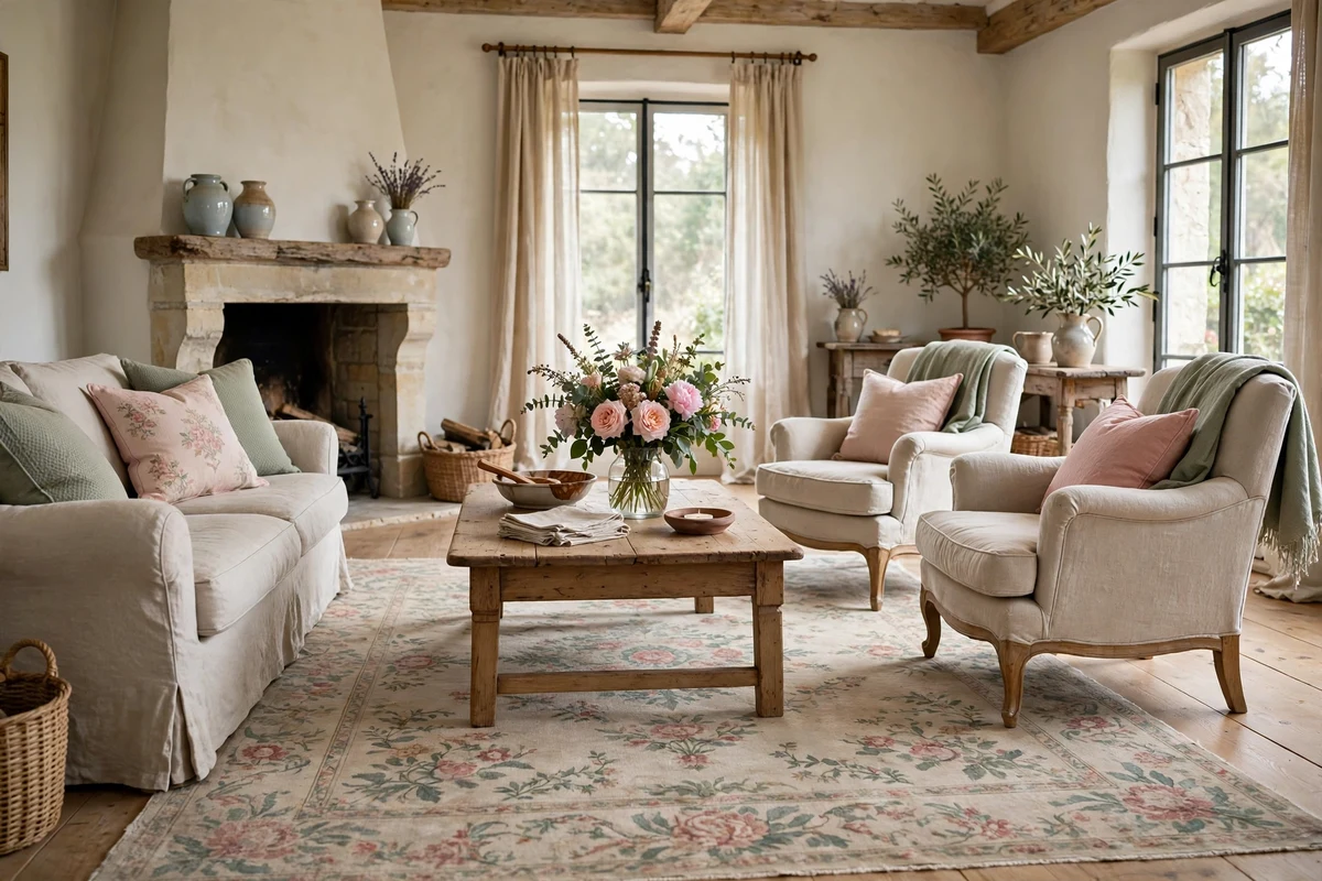 Faded Aubusson style floral rug in a French country living room