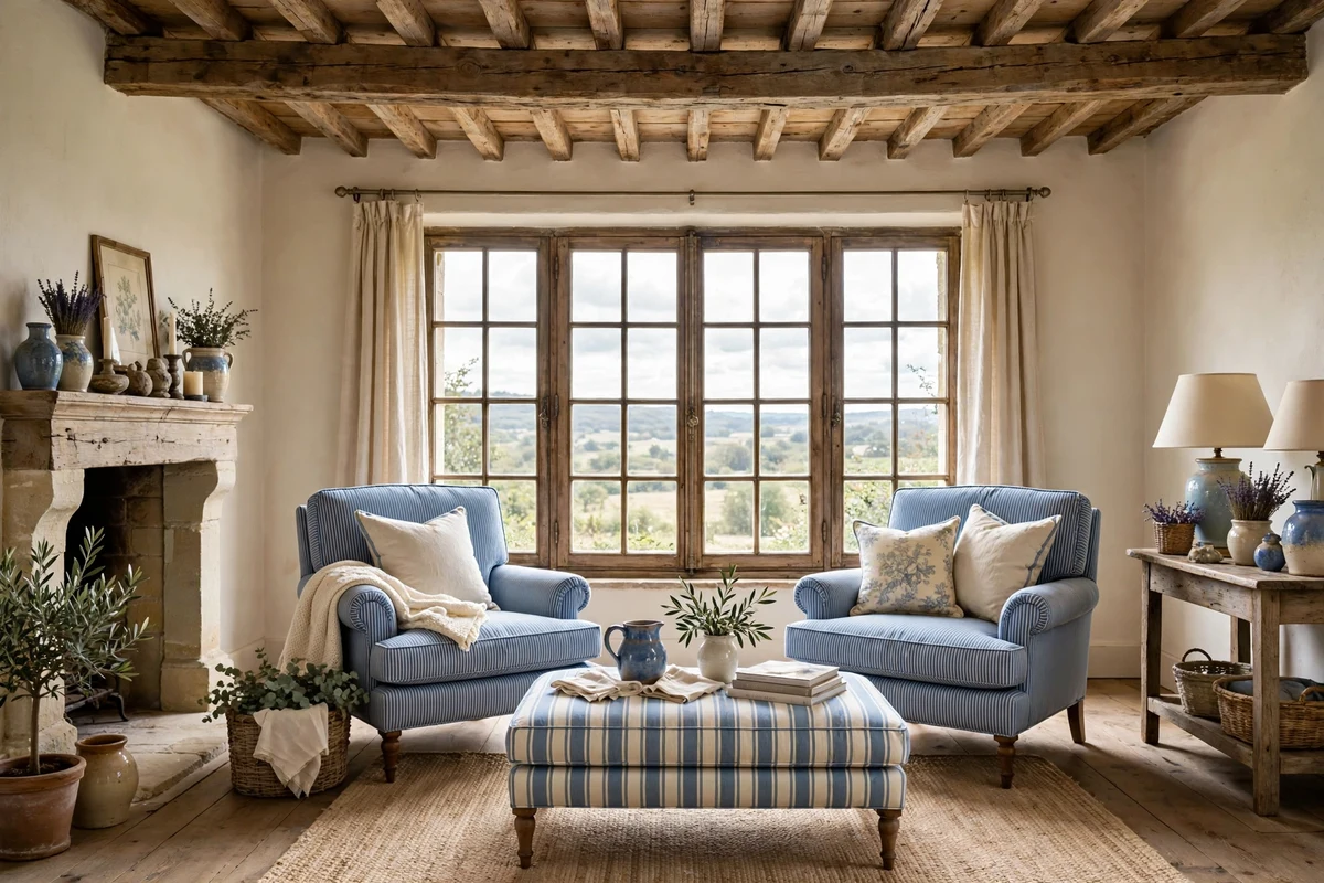 Blue ticking stripe armchairs in a French country living room