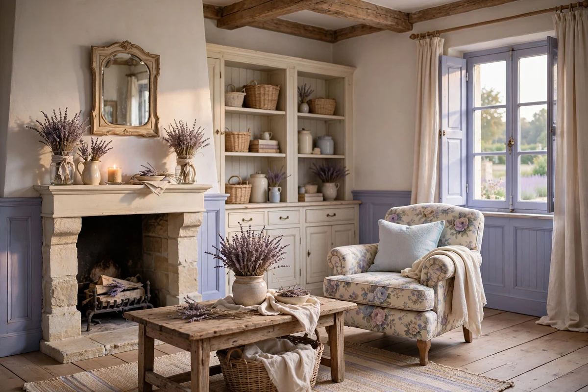 Lavender blue and cream palette in a French country living room