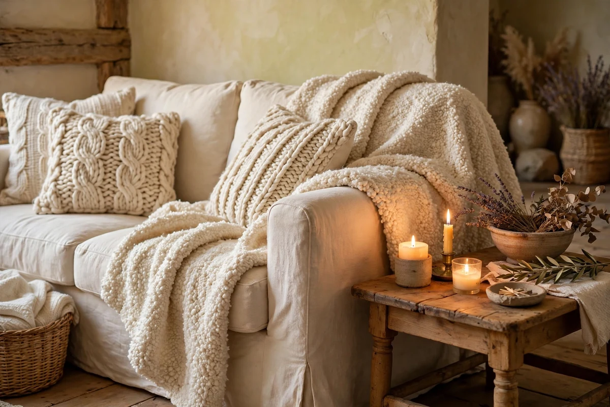 Cream boucle throws on a linen sofa in a cozy French living room