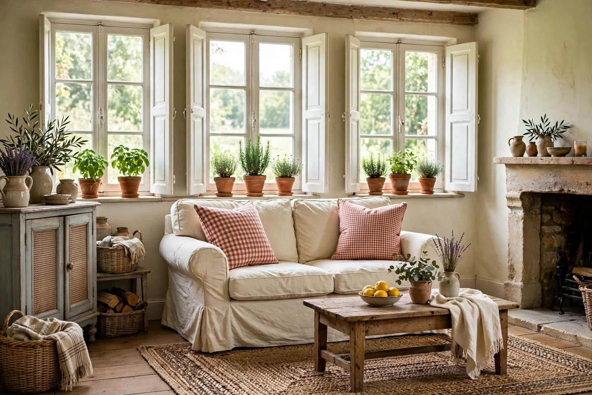 Gingham check cushions on a slipcovered loveseat in a French living room