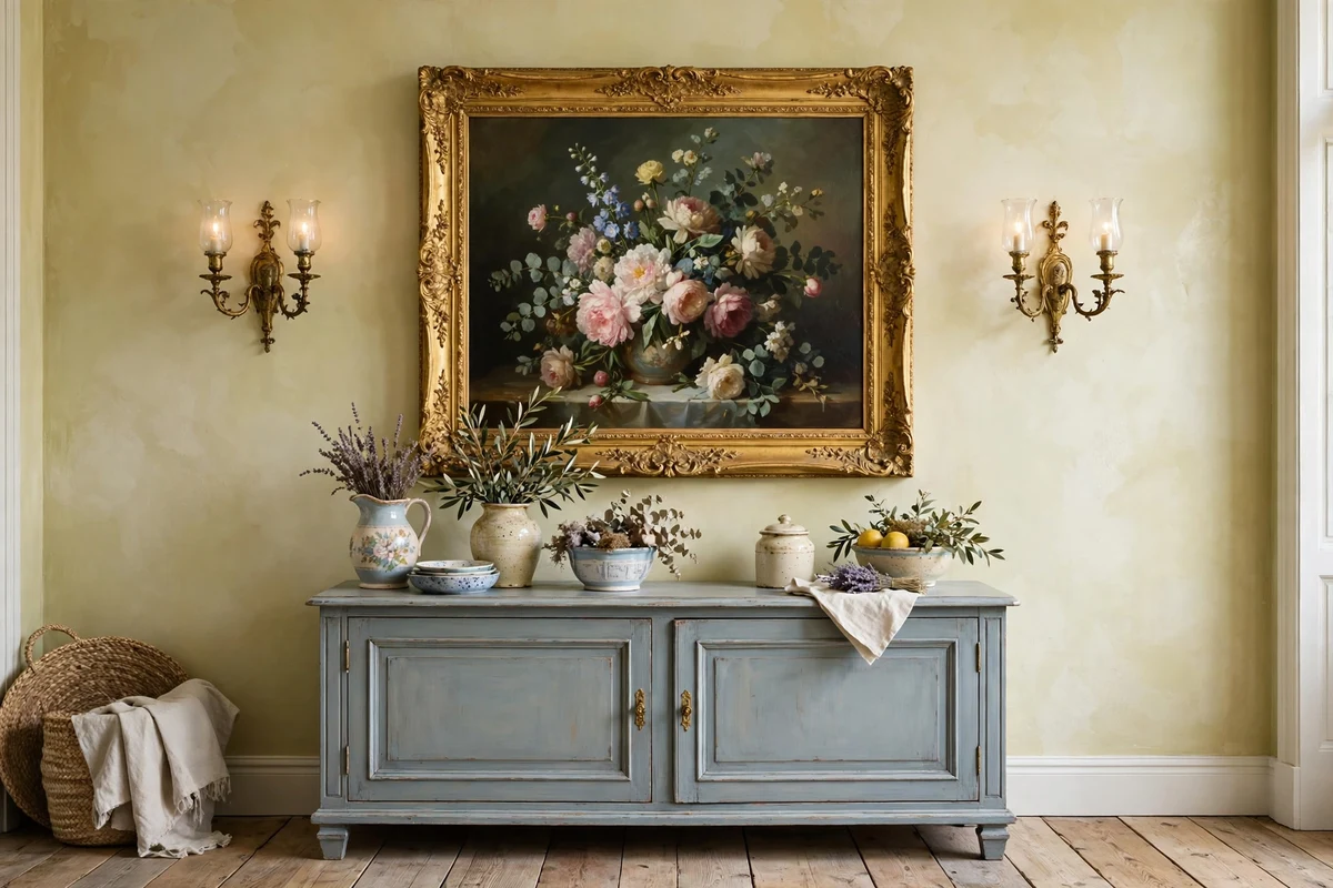 Framed floral still life oil painting in a French country living room