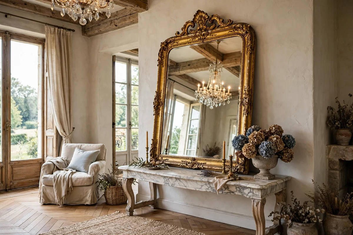 Oversized gilded French mirror over a marble console