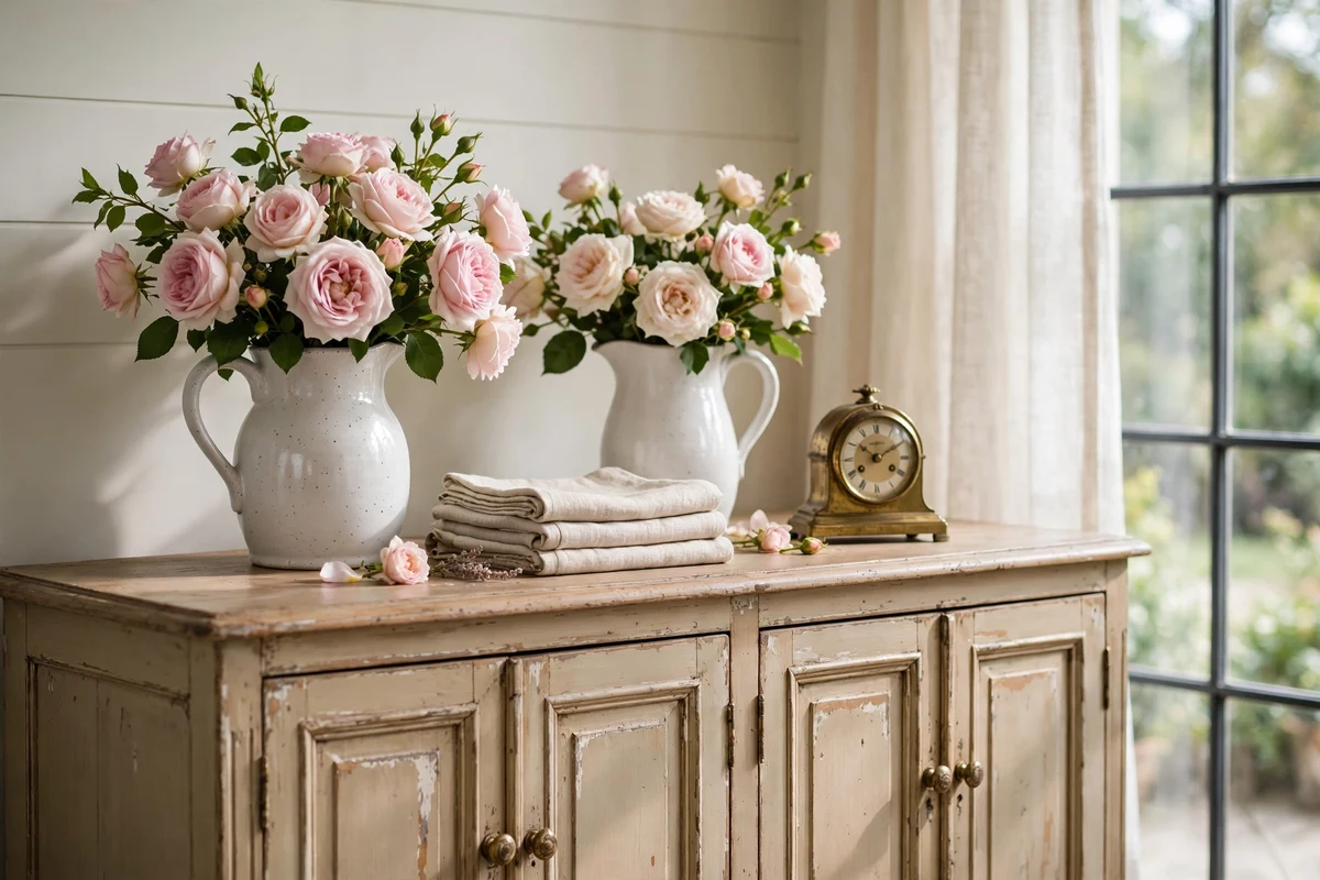 White ceramic pitchers with garden roses on a French sideboard
