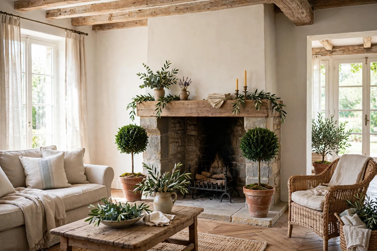 Clipped boxwood topiaries flanking a fireplace in a French living room