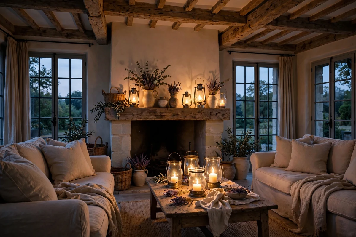 Glowing hurricane candle lanterns in a French country living room at dusk