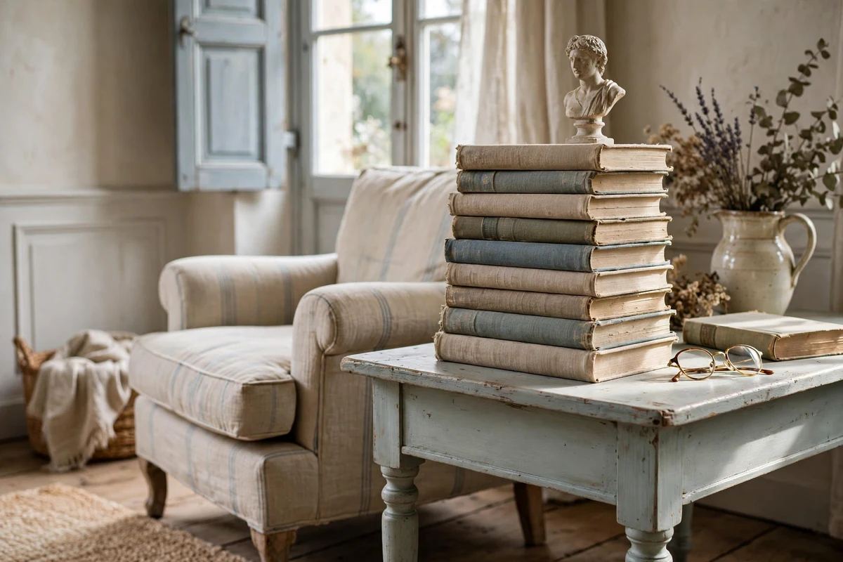 Stacks of vintage linen bound books on a French side table