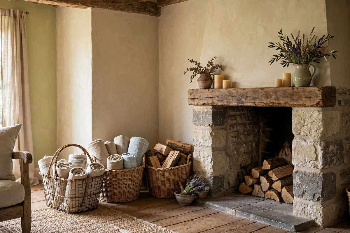 Woven French market baskets beside a stone fireplace