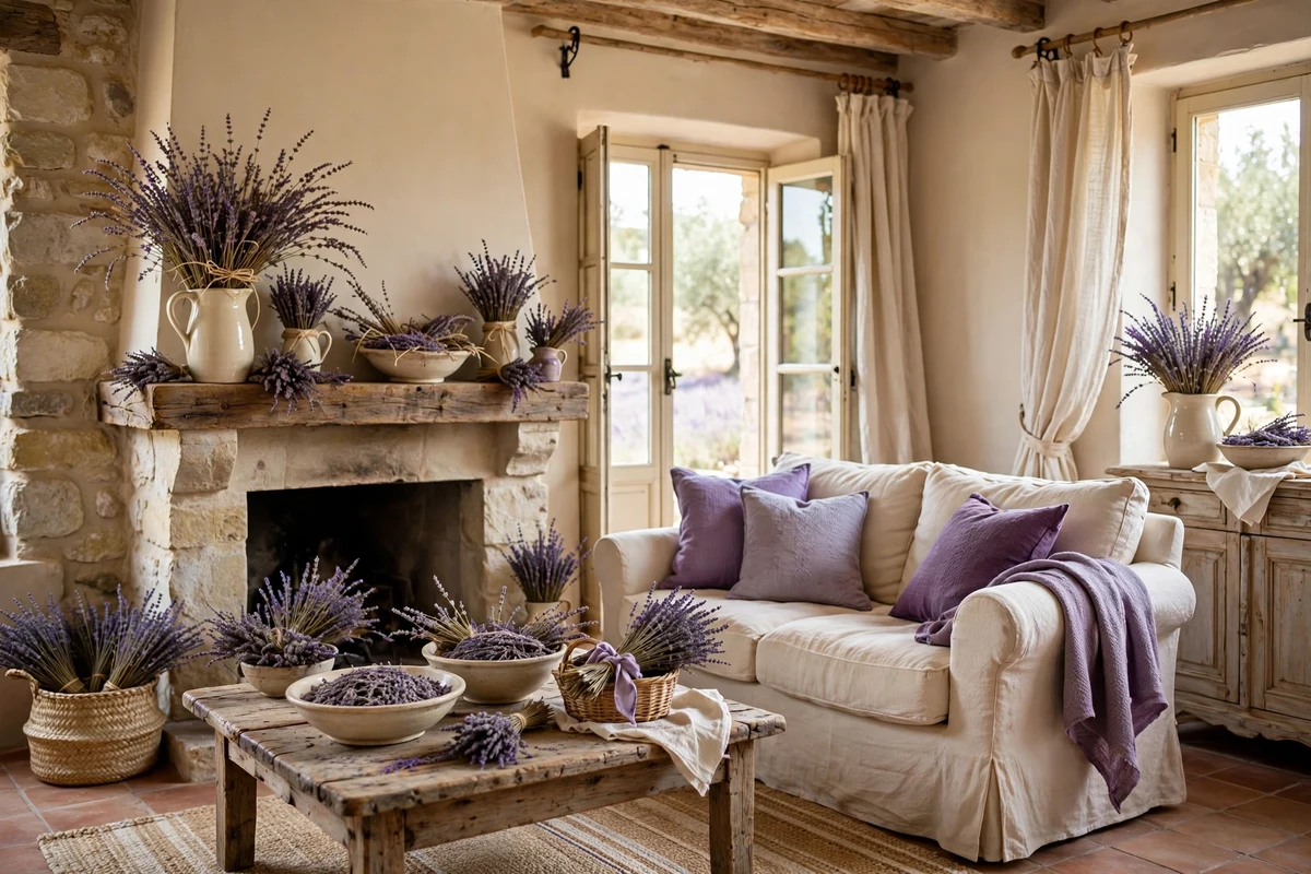 Dried lavender sprigs styled throughout a French country living room
